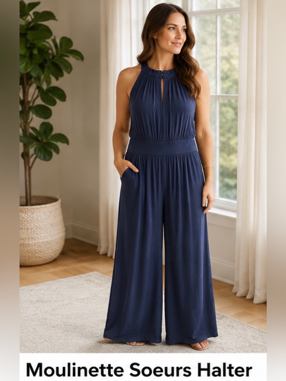 Moulinette Soeurs Navy Halter Wide-Leg Jumpsuit